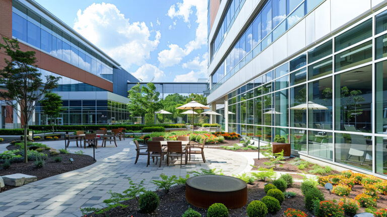 modern office building exterior with courtyard garden and seating area on a sunny day with blue sky and clouds